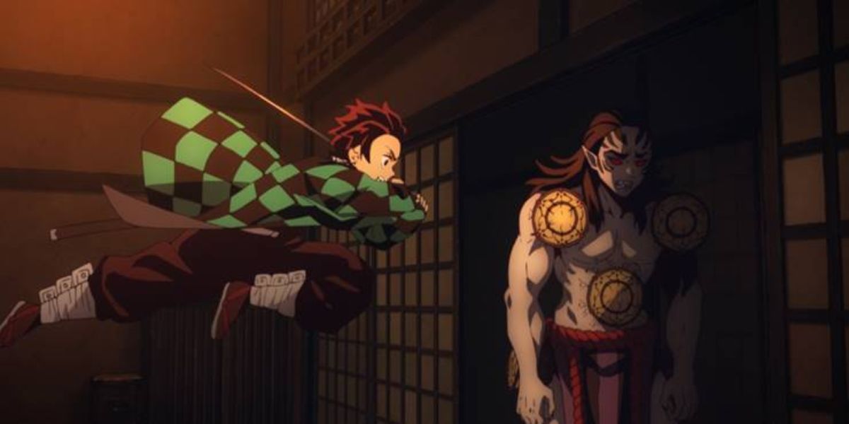 Tanjiro vs Kyogai in Demon Slayer.