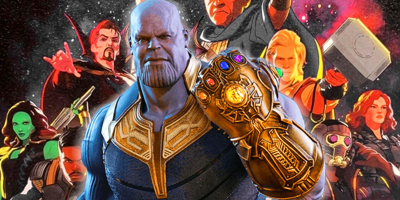 Thanos with the infinity gauntlet centered in a graphic for What If Episode 4.