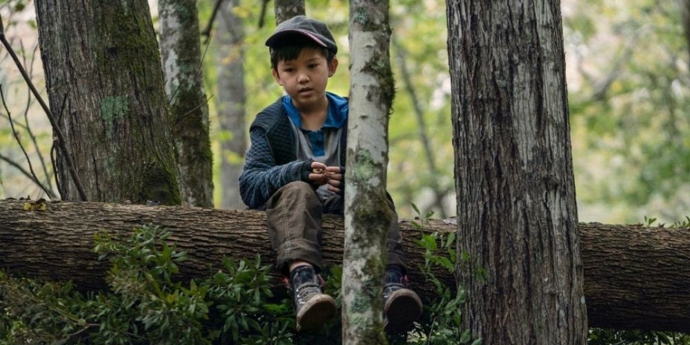 Maggie's son Hershel Rhee on the Walking Dead sitting in a tree.
