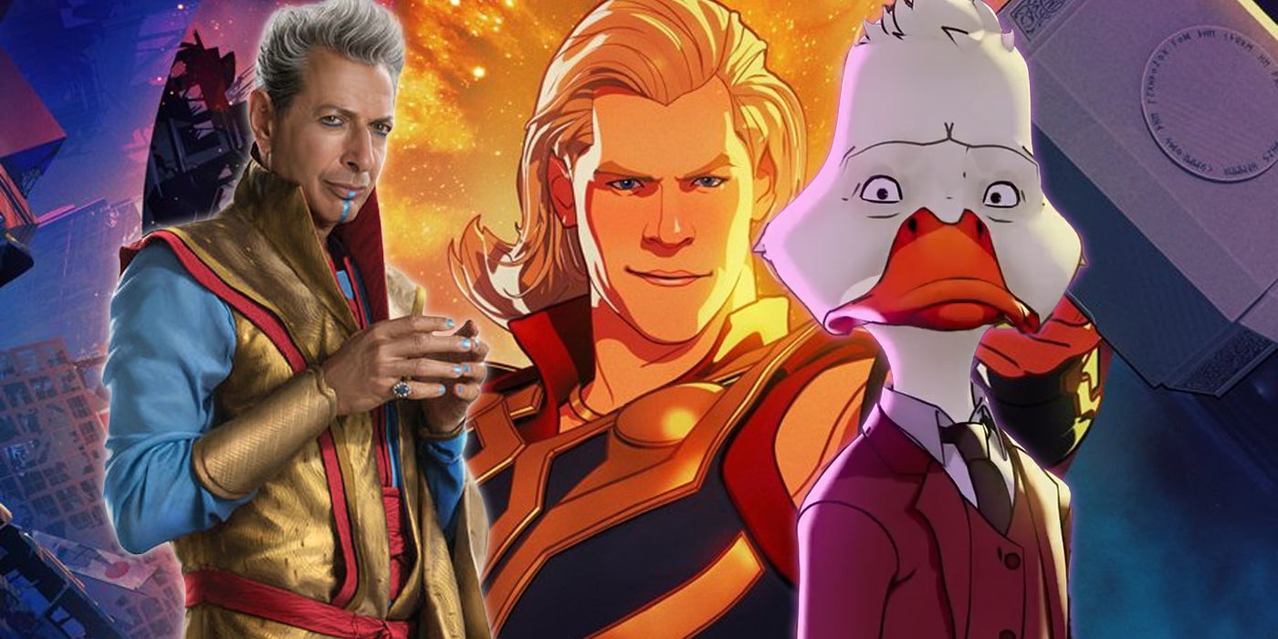 Grandmaster and Howard the Duck flanking Party Thor