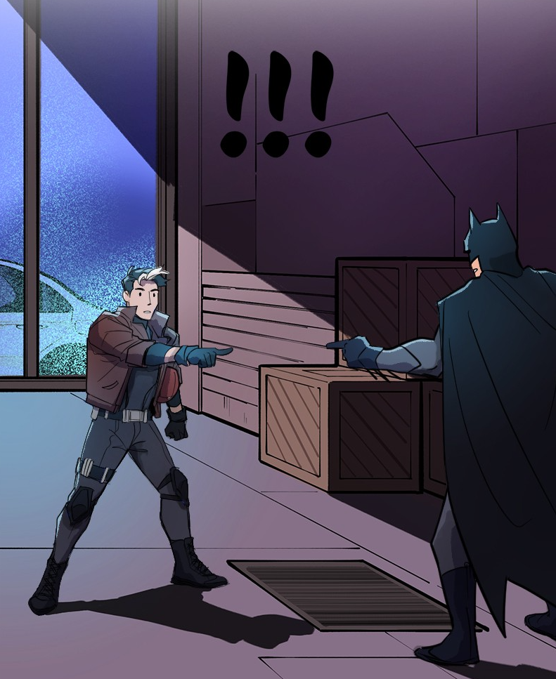 Batman and Red Hood pointing at each other, referencing the infamous Spider-Man meme. 
