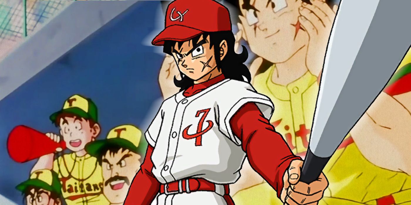 yamcha in front of taitans baseball team from dragon ball
