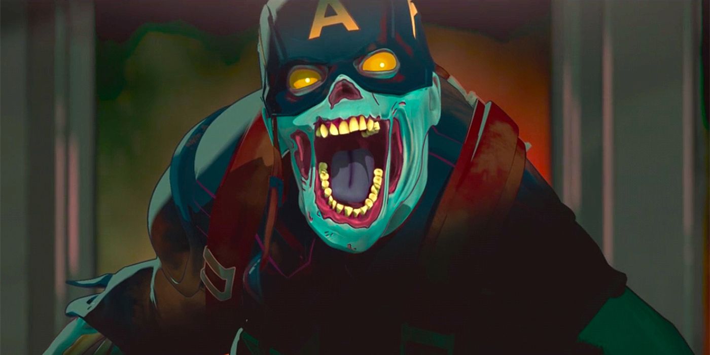 Zombie Captain America standing in a doorway roaring in What If...?