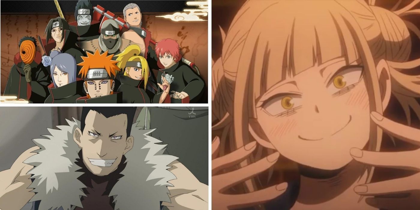 Top left image features the Akatsuki from Naruto; bottom left image features a grinning Greed from Fullmetal Alchemist; right image features a smiling Himiko Toga from My Hero Academia