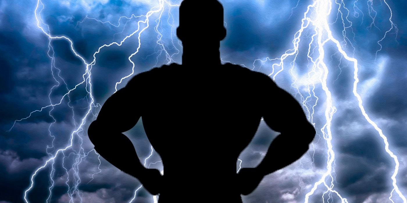 A superhero silhouette in front of a lightning storm.