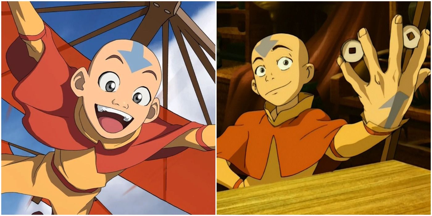 Aang flying (left); Aang holding out coins (right)