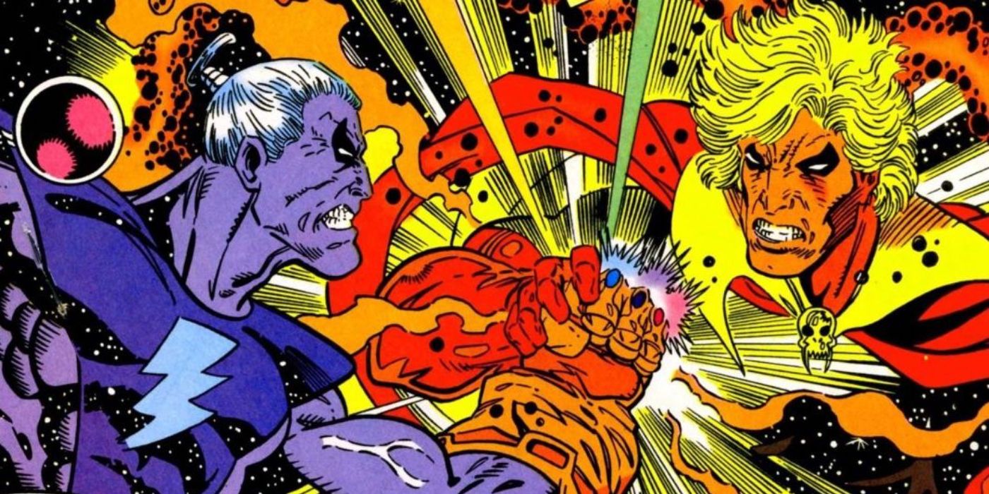 Adam Warlock grabbing the Infinity Gauntlet from Magus Marvel Comics
