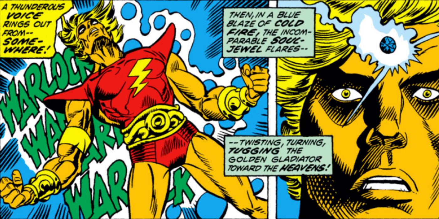 Adam Warlock with the Soul Gem in Marvel Comics.