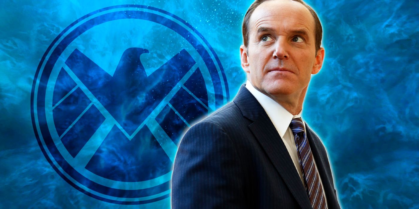 Agents of SHIELD's Phil Coulson in front of the SHIELD logo.