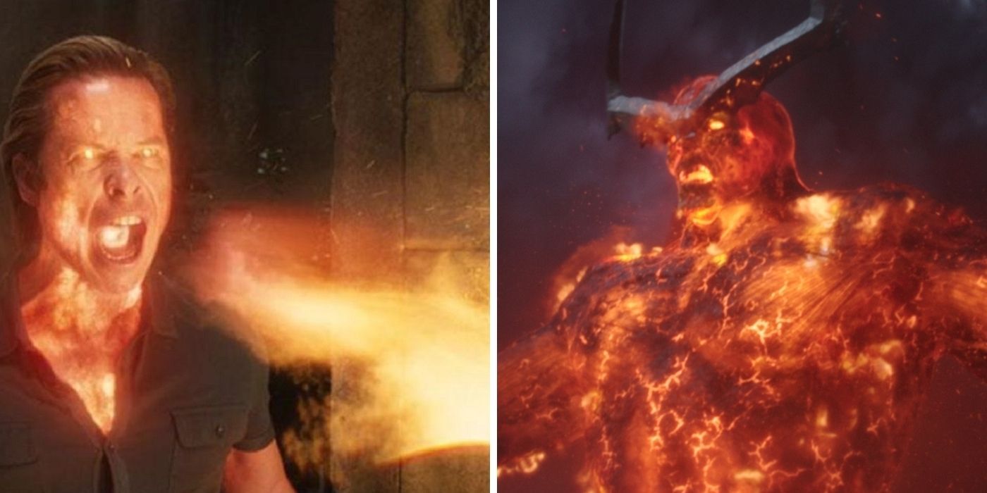 Aldrich Killian breathing fire in Iron Man 3 next to Surtur the Fire Demon from Ragnarok