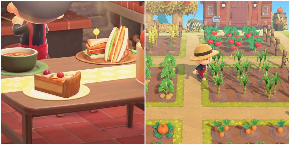 Table with food, Villager in a farm with various crops in Animal Crossing: New Horizons