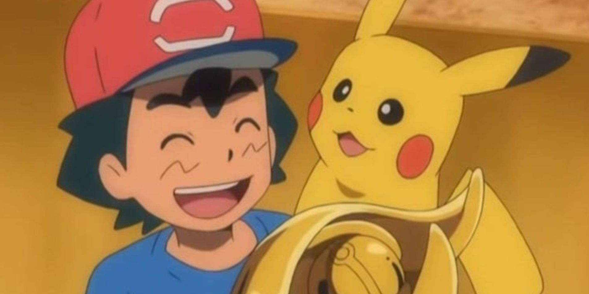 Ash and Pikachu with Alola League Trophy