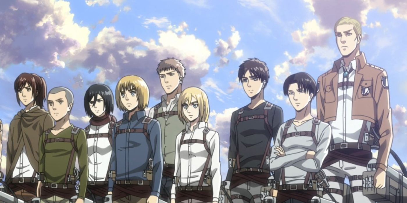 characters from Attack On Titan standing together