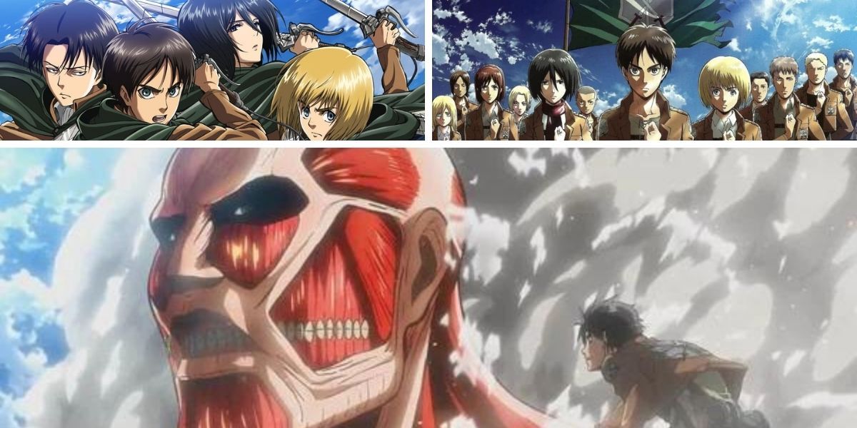 Top left image features Even Yeager, Armin Arlert, Levi and Mikasa Ackerman from Attack on Titan holding their blades; top right image features the Survey Corps from Attack on Titan saluting; bottom image features Eren Yeager from Attack on Titan facing the Colossal Titan