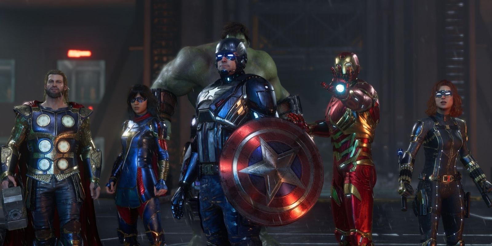 The Avengers, many sporting metallic armor, in Crystal Dynamics game
