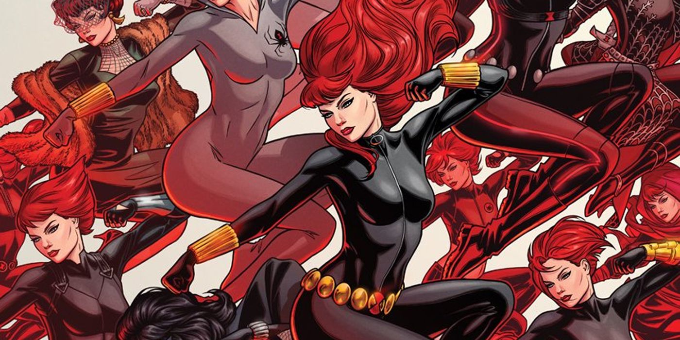 Every Black Widow costume on the variant cover to Avengers Forever 2 by Russell Dauterman