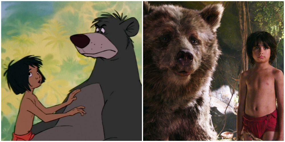 Baloo and Mowgli together in two different versions of The Jungle Book