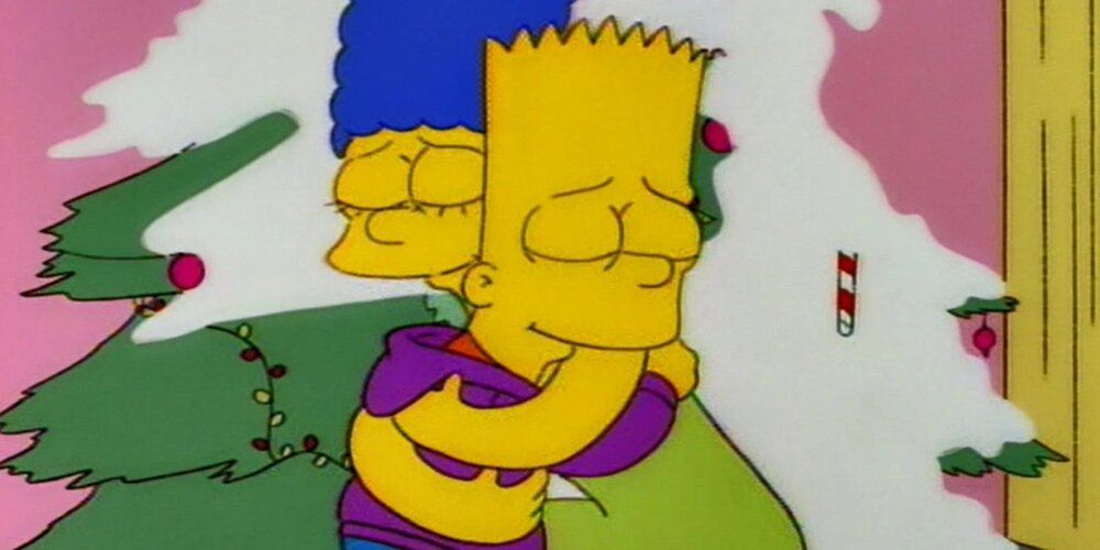 Bart and Marge hug and reconcile the Simpsons