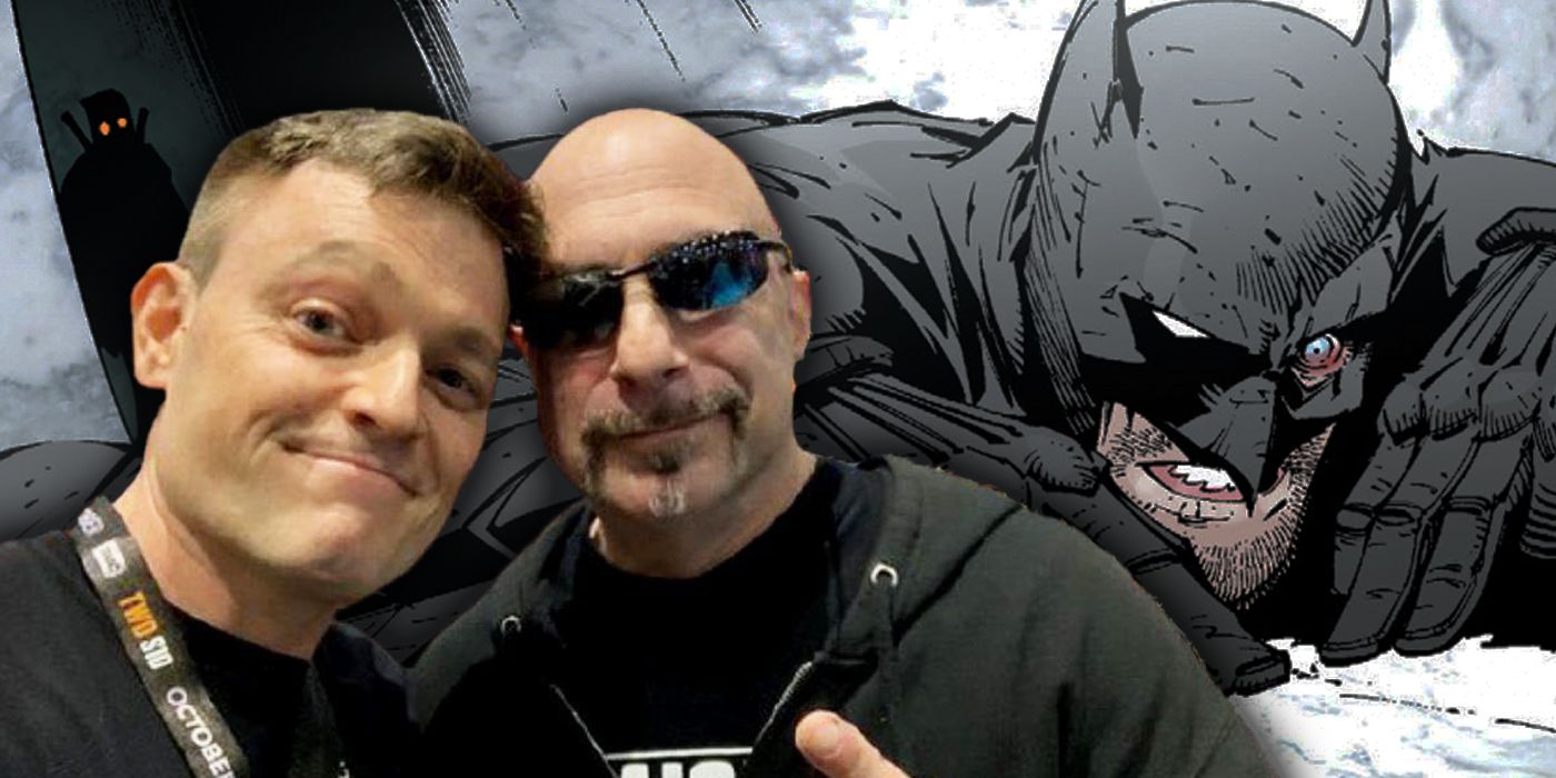 Scott Snyder and Greg Capullo in front of a panel from Batman #5.