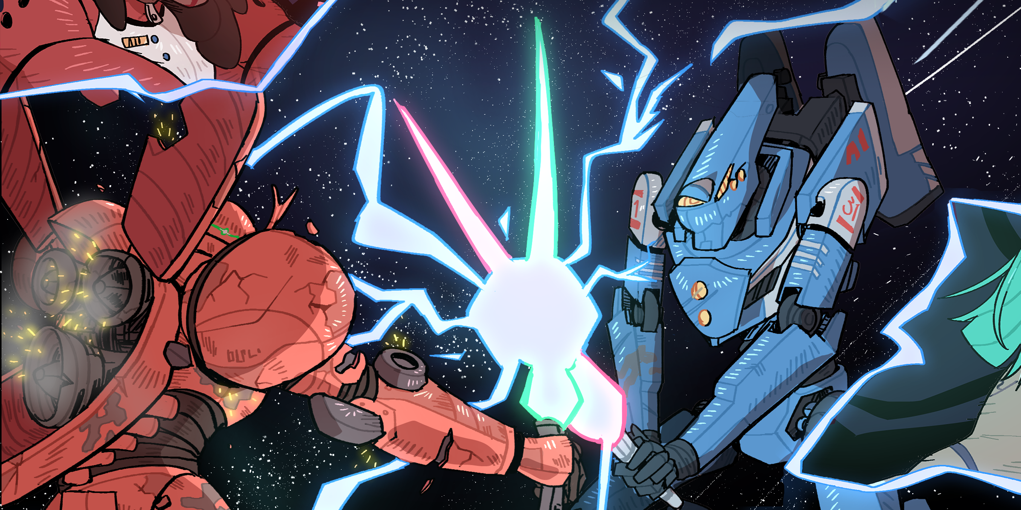 Beam Saber game cover two mechs fighting with laser swords 