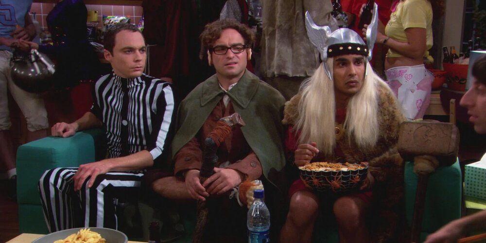 Sheldon as the Dopper Effect, Leonard as a Hobbit and Raj as Thor at a Halloween party in the Big Bang Theory