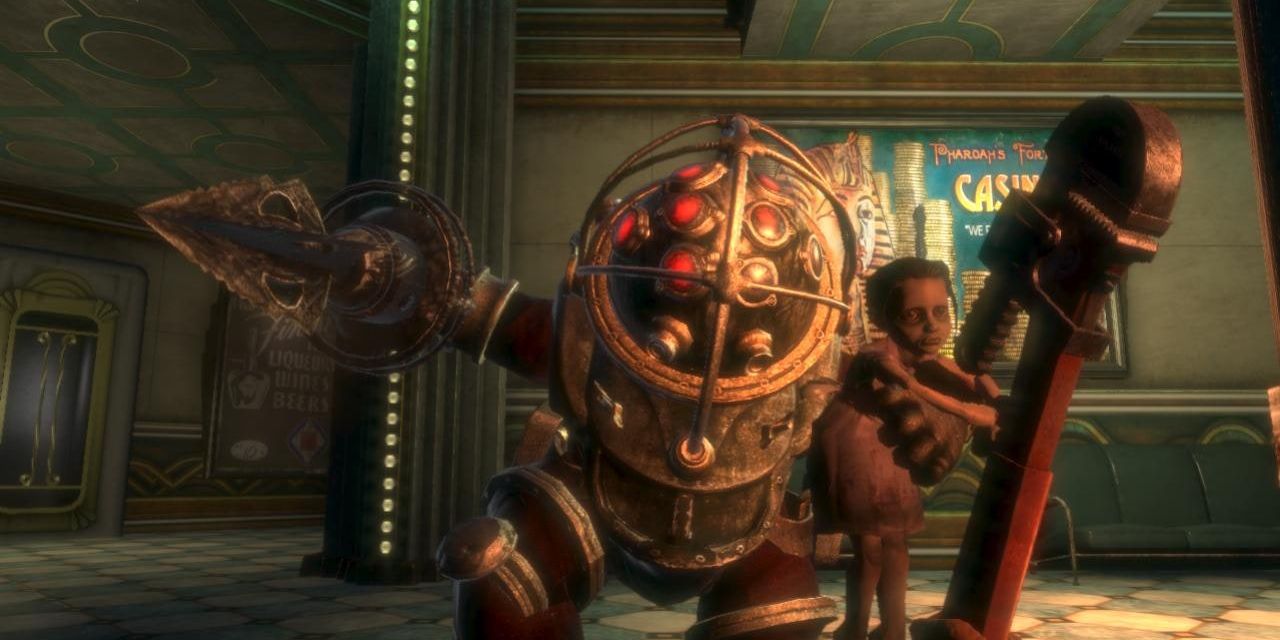 Big Daddy protects his Little Sister from the player in Bioshock.