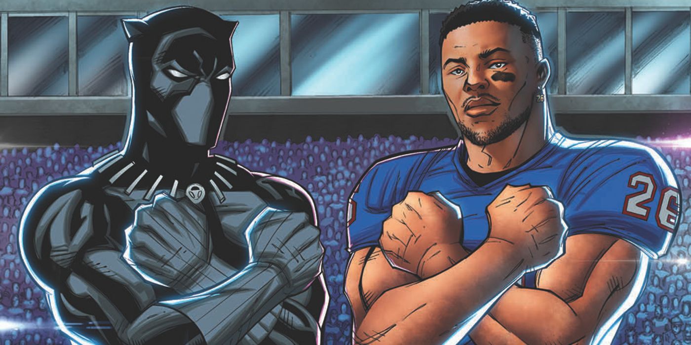 Saquon Barkley and T'Challa doing the Wakanda Forever pose on the cover of Black Panther 1 by Ron Lim