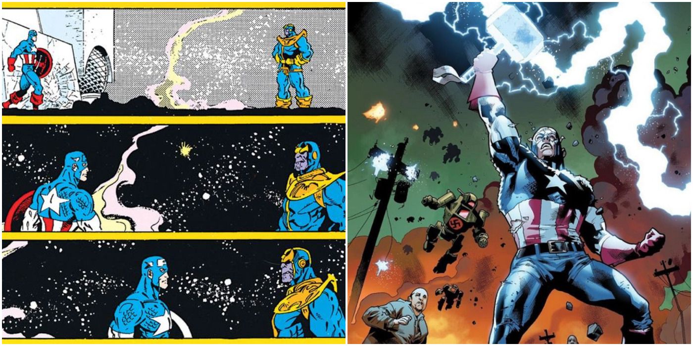 Cap and Thanos in Infinity Gauntlet #4 and Cap Wielding Mjolnir