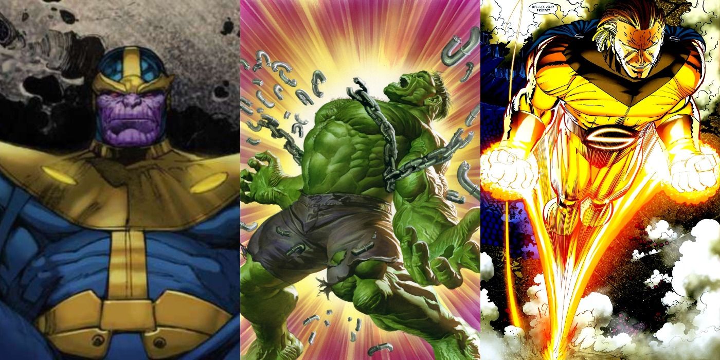 Split featured Thanos sitting on a throne, Hulk breaking free of chains, Sentry flying upward
