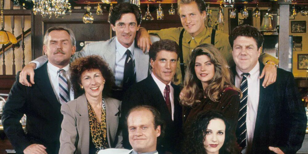 The Cast of Cheers together in the titular Bar