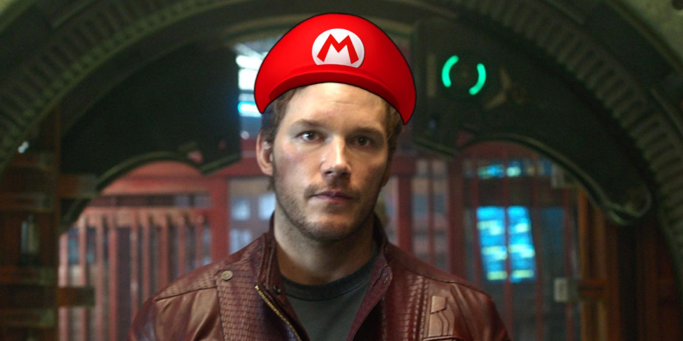 Chris Pratt as Star-Lord wearing a Mario hat