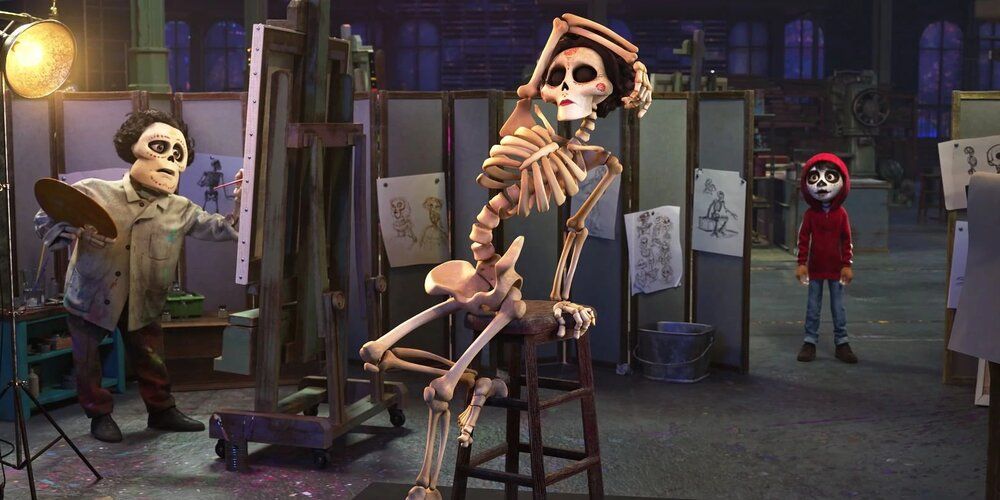 A skeleton is painted as if she were a nude model in Pixar's Coco