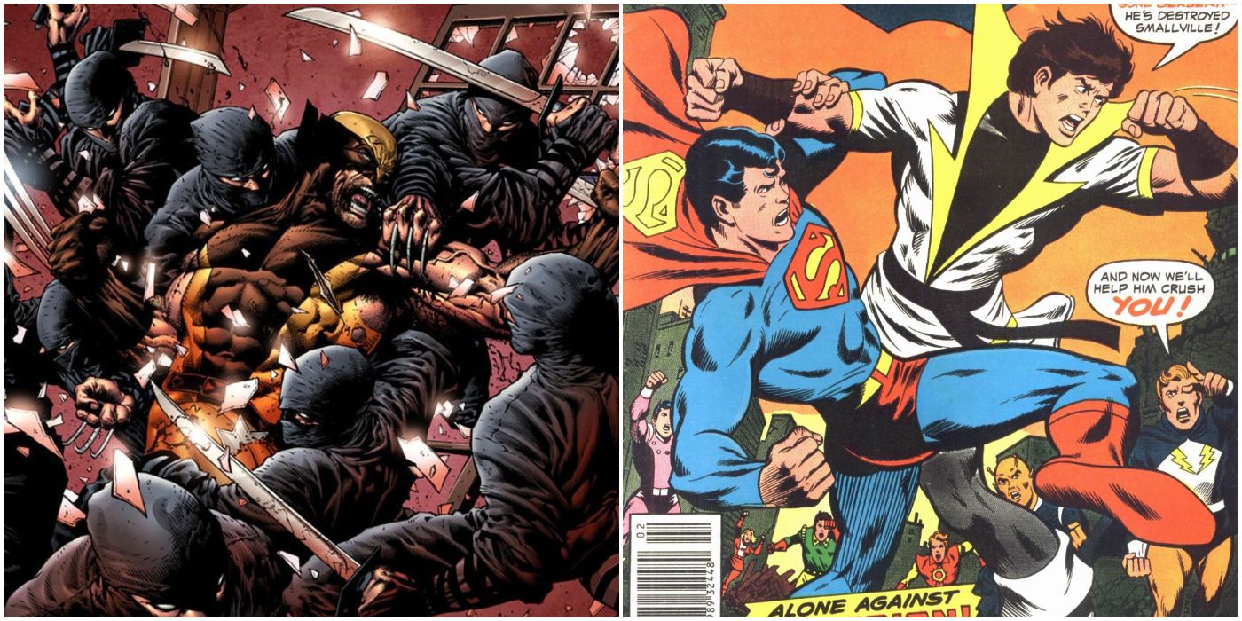 Wolverine fighting Ninjas and Karate Kid fighting Superboy