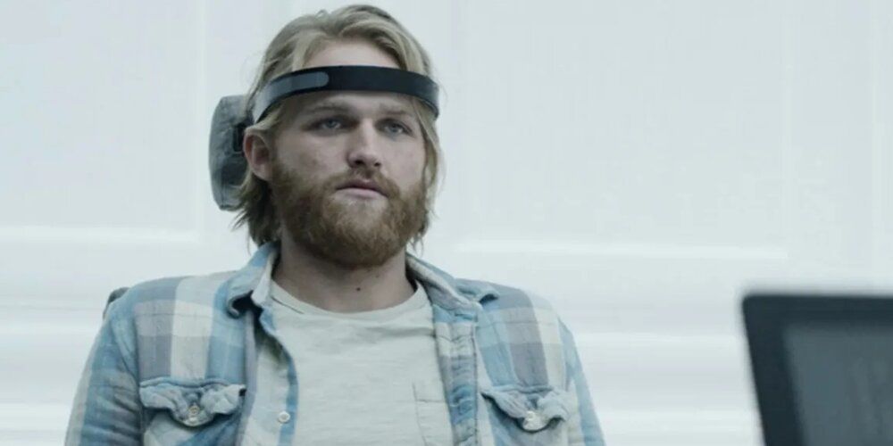 Cooper strapped into the VR device in 'Playtest' Black Mirror