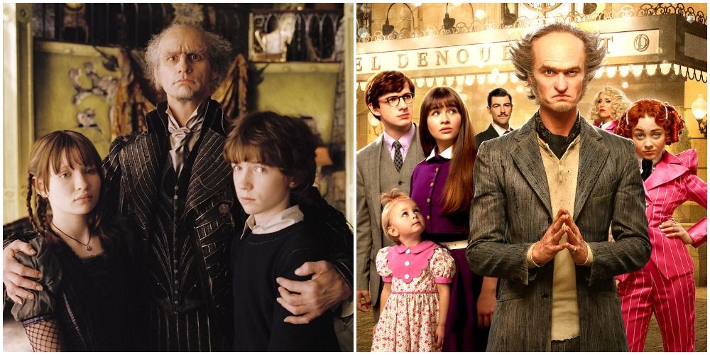 Count Olad posing with the Baudelaire children in two different adaptations of A Series of unfortunate Events