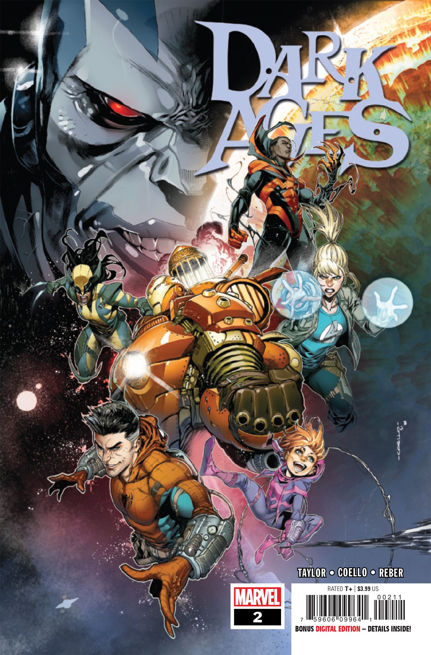 The cover for Dark Ages #2 shows the heroes and villains of the new Marvel universe.