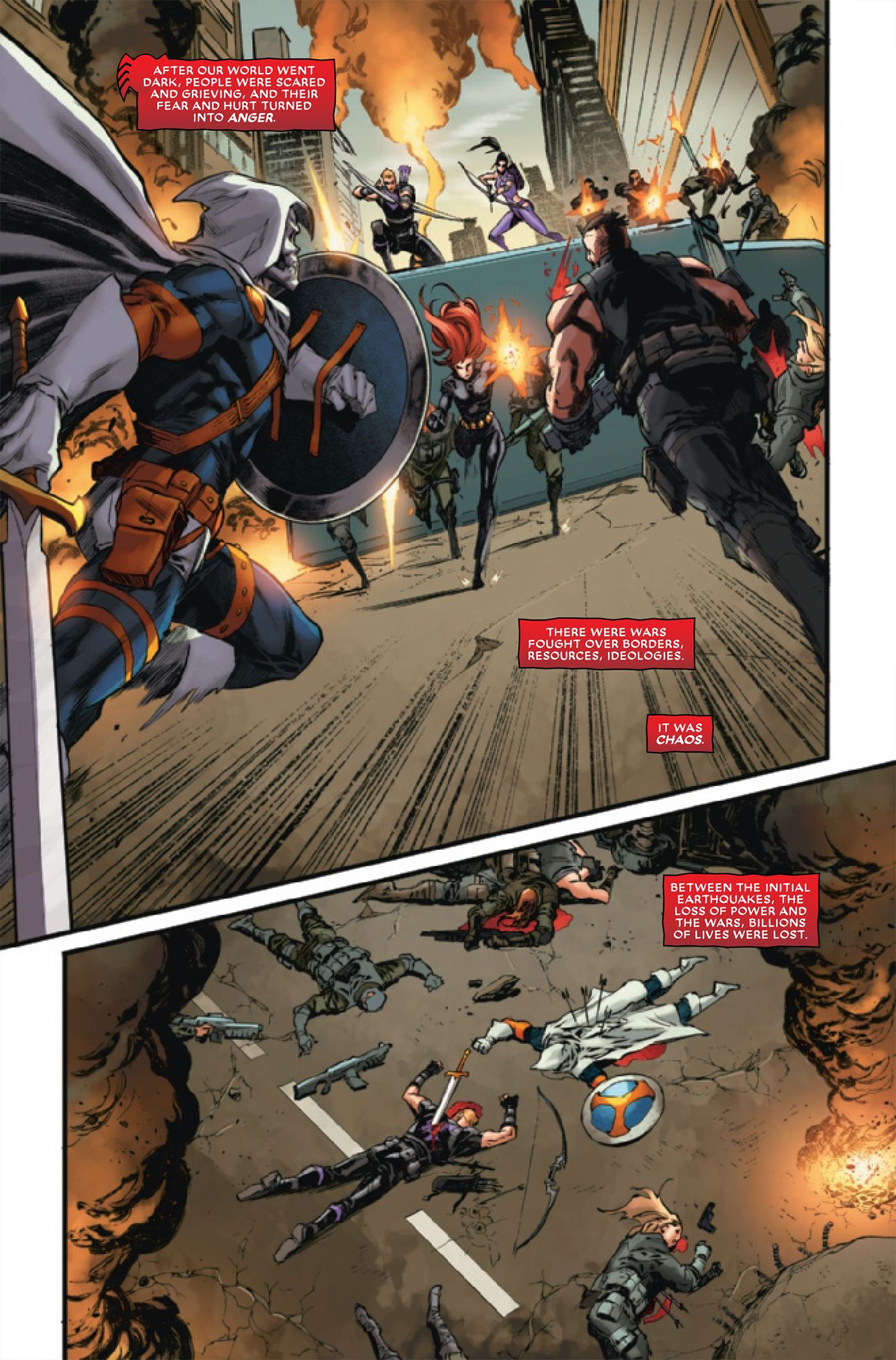 Heroes and villains fight, with Hawkeye and Taskmaster killed.