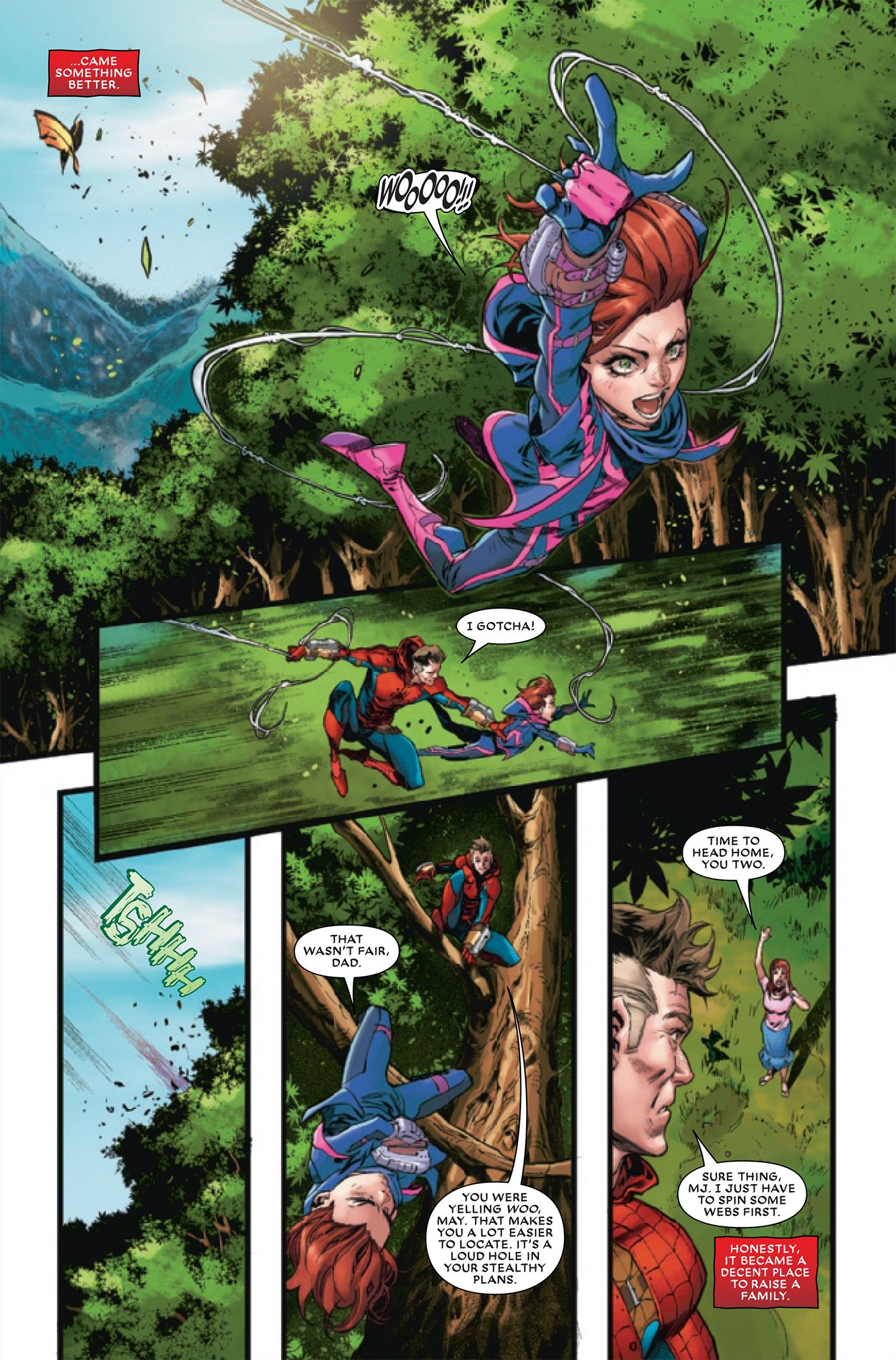 Peter Parker trains his daughter, May, how to swing with webs.