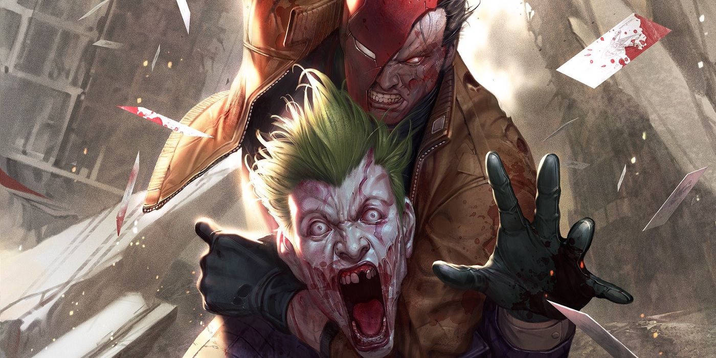 Jason Todd as the Red Hood and the Joker on the cover of the Midtown Comics Exclusive variant to DCeased 2 by InHyuk Lee