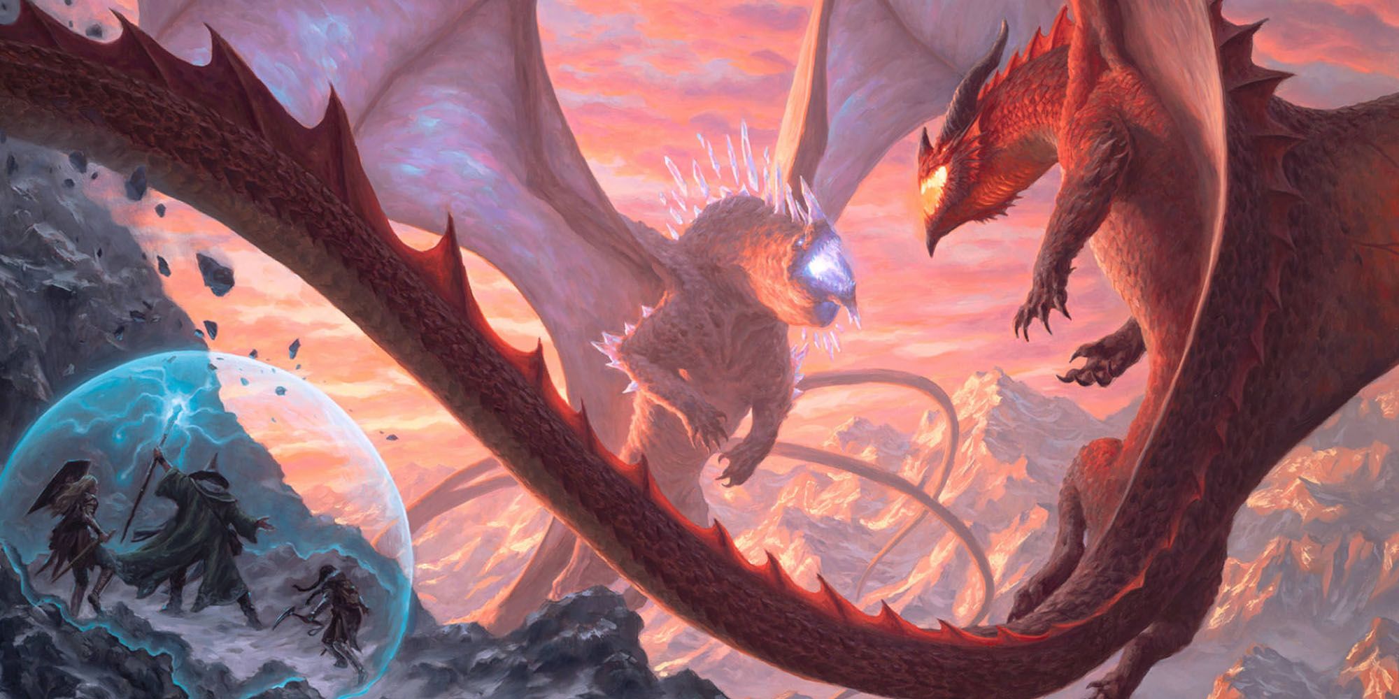 DnD Fizban's Treasury of Dragons cover art, with dragons flying over mountains.