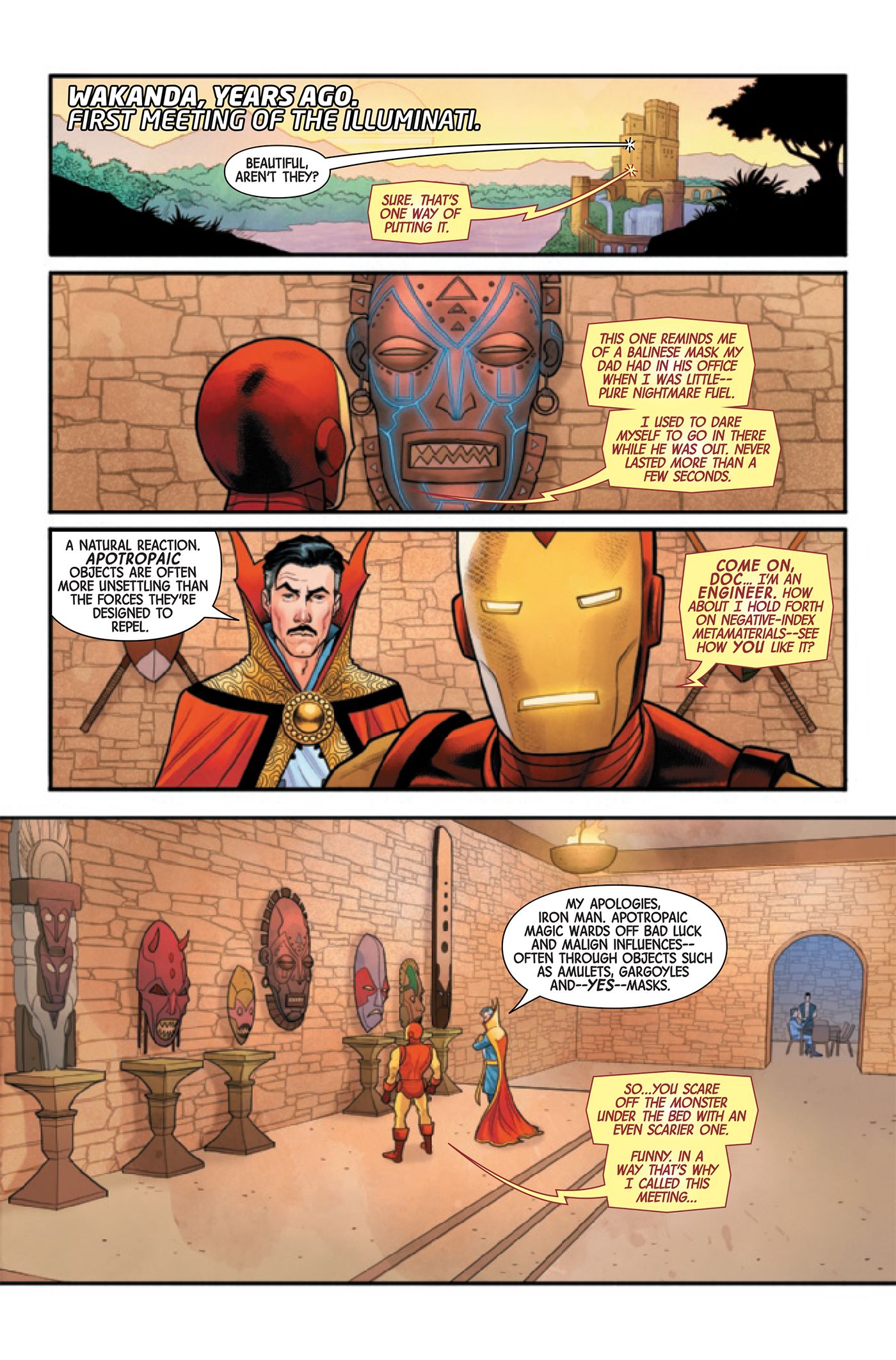 Iron Man and Doctor Strange look at a Wakandan mask.