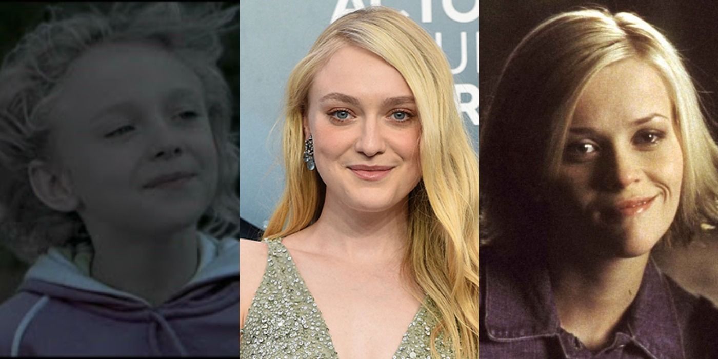 A combined image featuring a young Dakota Fanning in Sweet Home Alabama, a middle image of a present-day Dakota Fanning, and a right image of Reese Witherspoon in Sweet Home Alabama. 