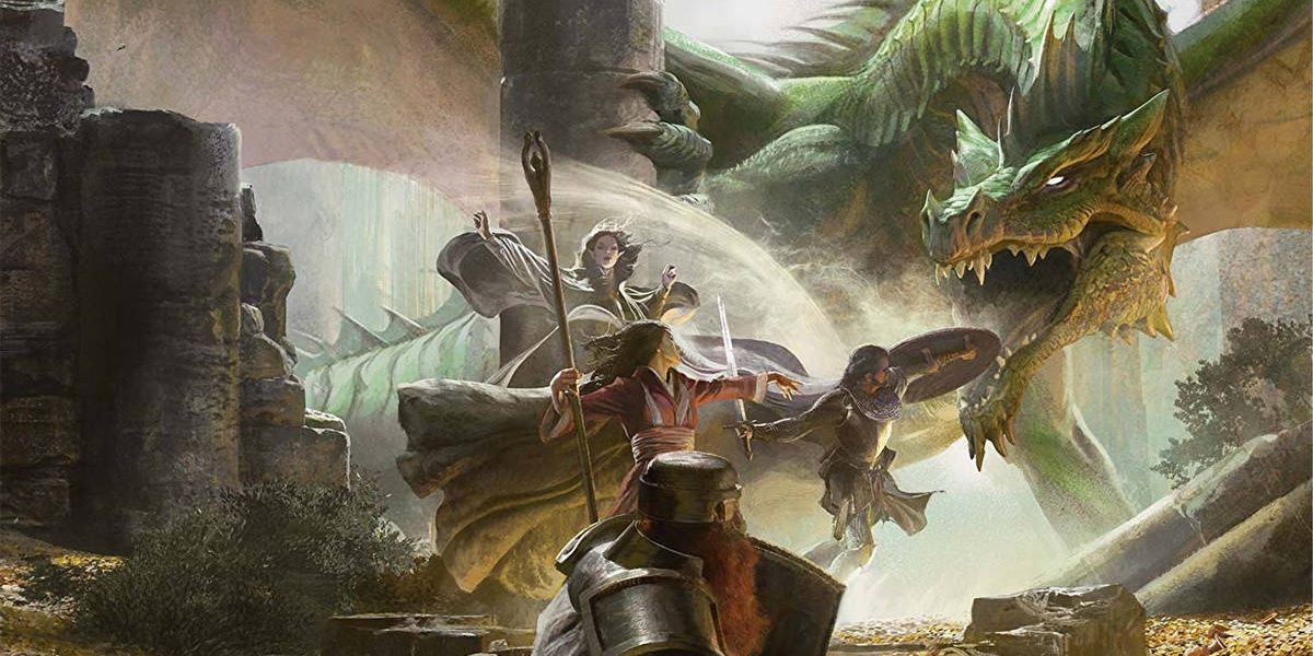 DandD characters facing off against a green dragon