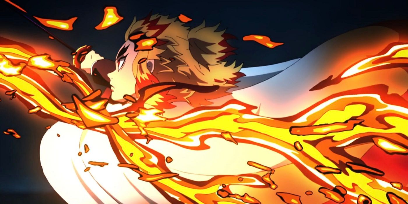 Rengoku using Fire Breathing in Demon Slayer: Mugen Train Arc