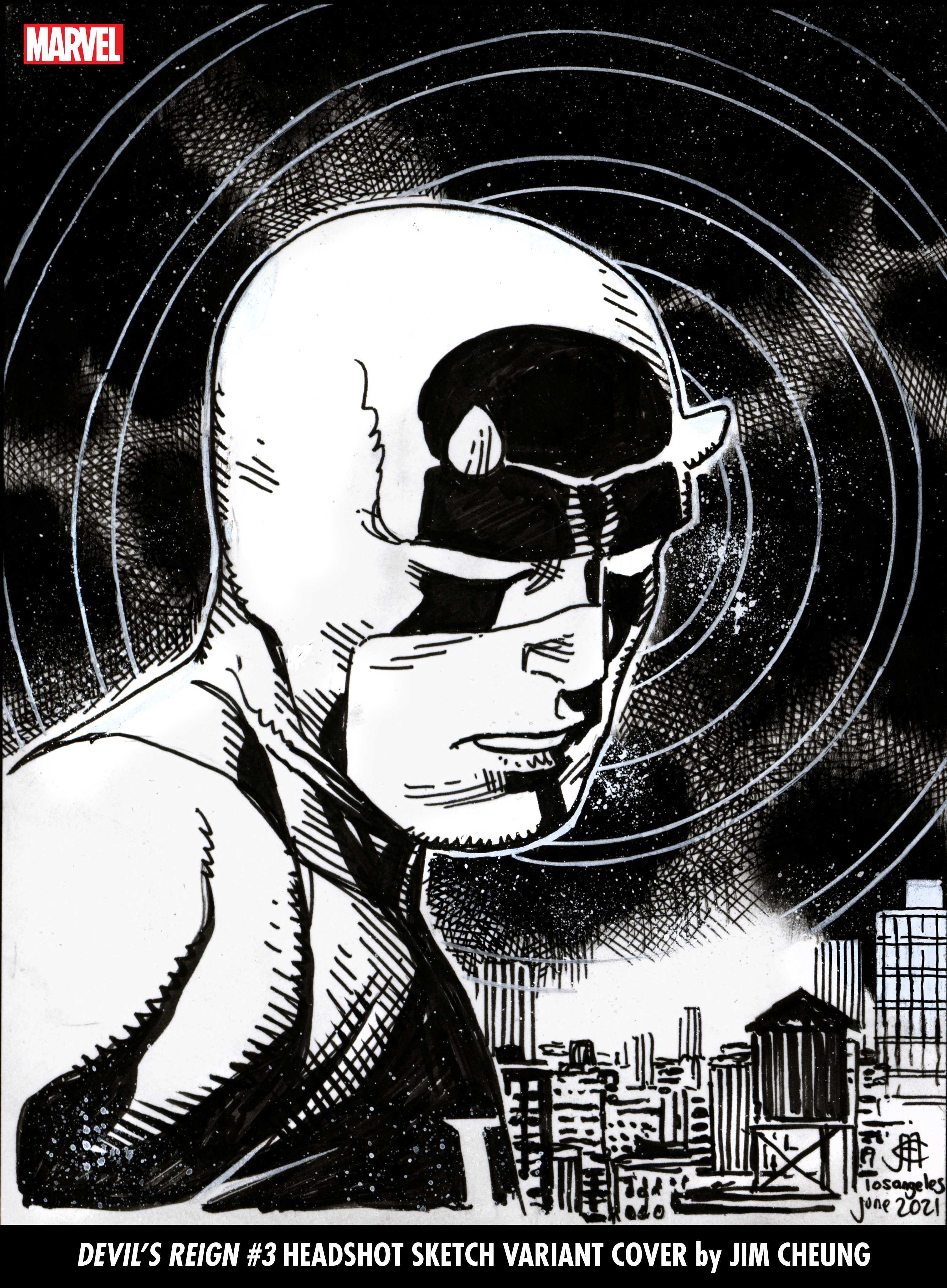 Black and white headshot cover of Daredevil by Jim Cheung