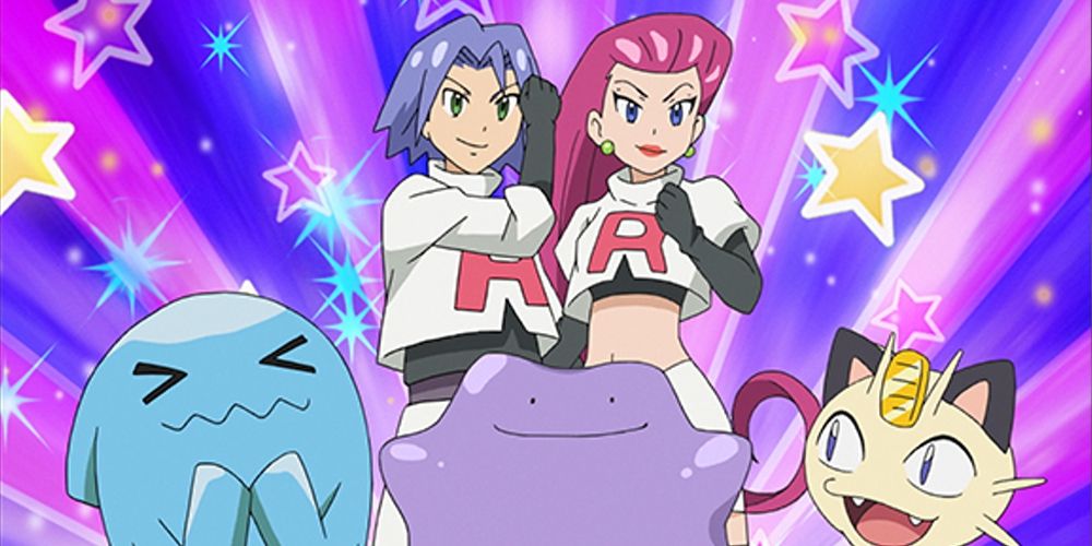 Team Rocket poses with a Ditto in Pokemon anime
