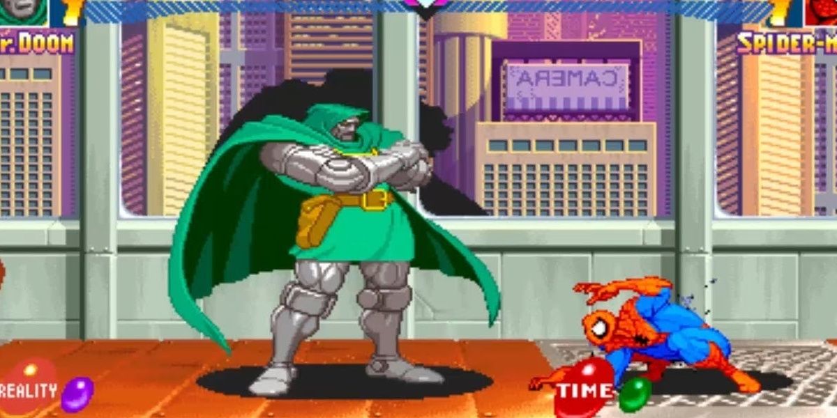 Doctor Doom standing over Spiderman in Marvel Superheroes Arcade Game 