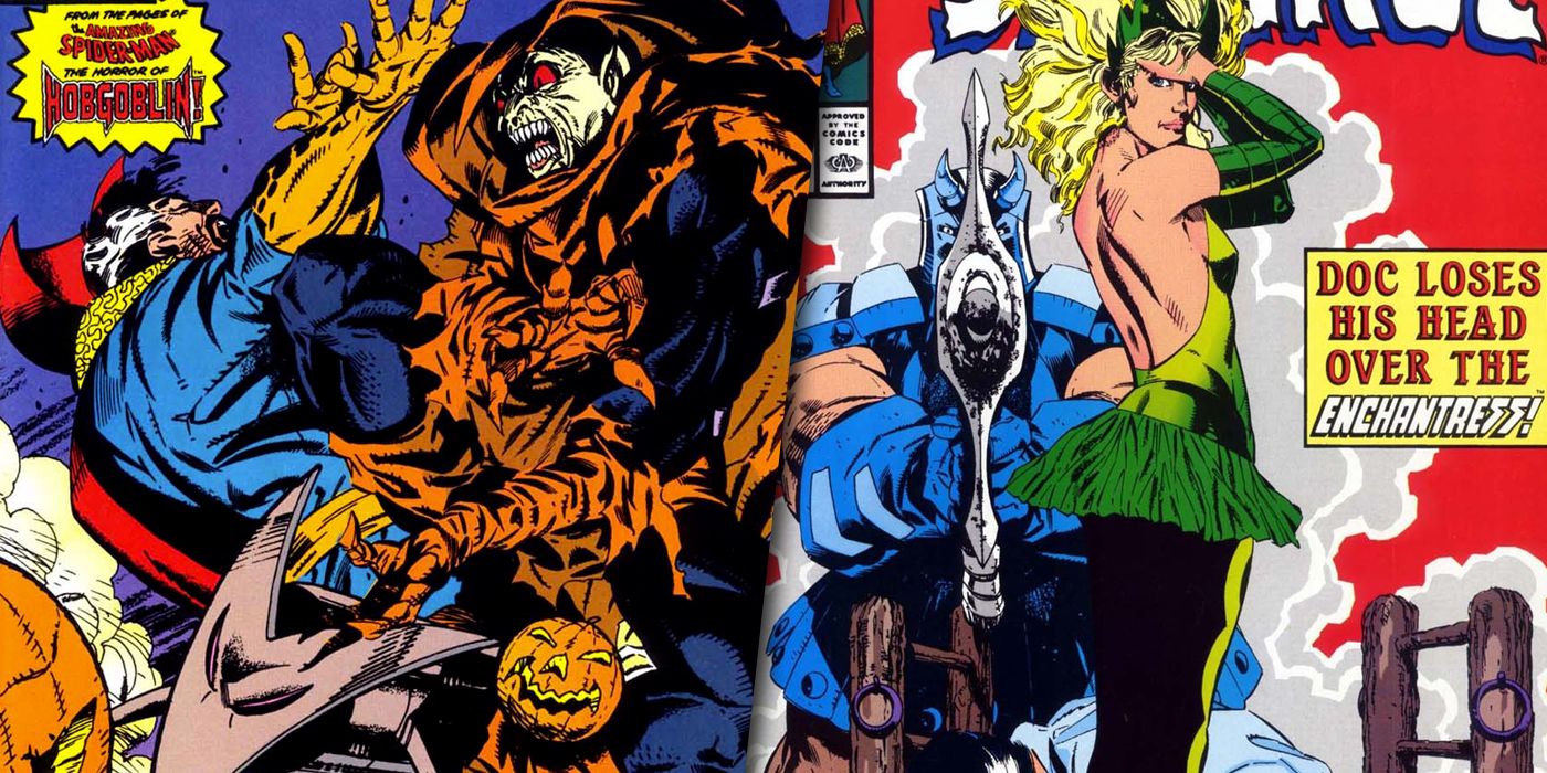 Doctor Strange vs Hobgoblin and Enchantress split image