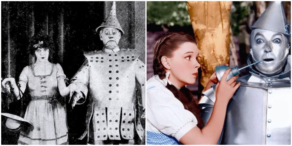 Dorothy with the Tin Man in two versions of The Wizard of Oz film