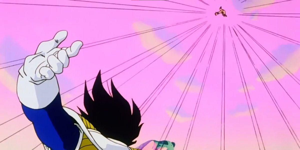 Vegeta hurls Nappa into the sky before killing him in Dragon Ball Z